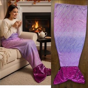 Mermaid Fish Tail Cozy Ombre Shiny Sequin Blanket. Pink/Purple